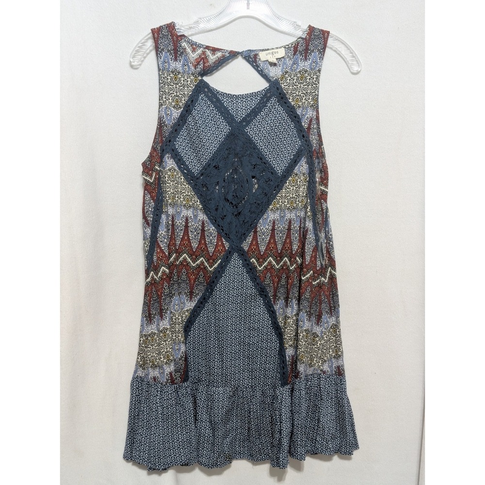 Umgee Sleeveless Boho Tunic Top Blue Red Geometric Crochet Lace Keyhole Back S